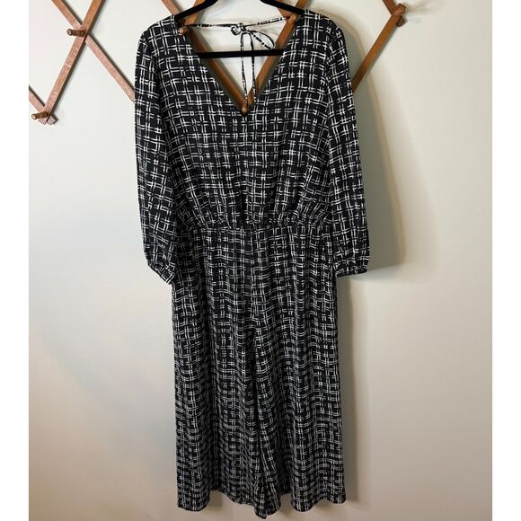 London Style Collection Black White Grid Print Tie Back Jumpsuit size 14‎ Large - Picture 2 of 11
